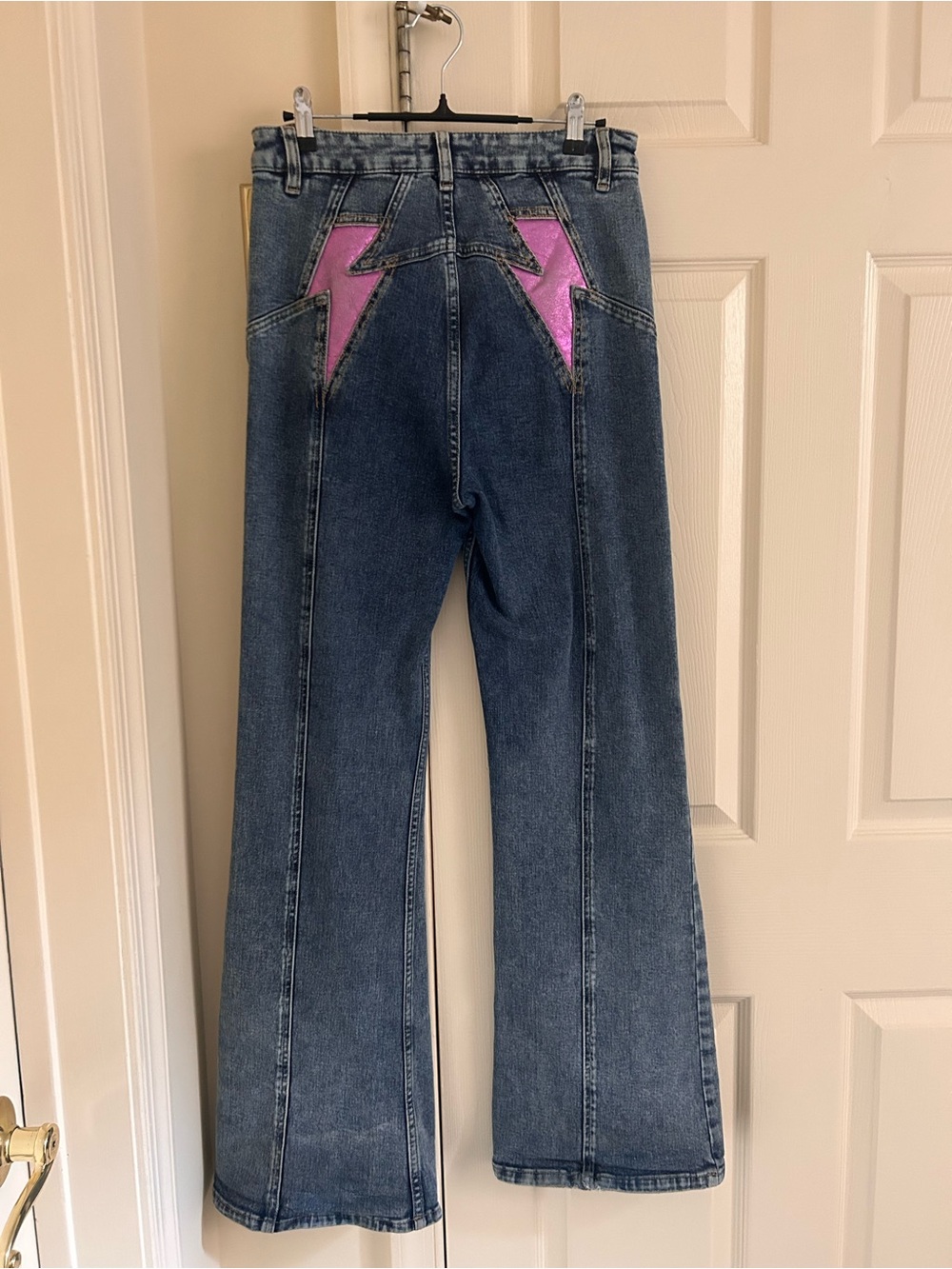 Free People Blue Denim Wide-Leg Jeans with Pink Lightning Bolt Detail